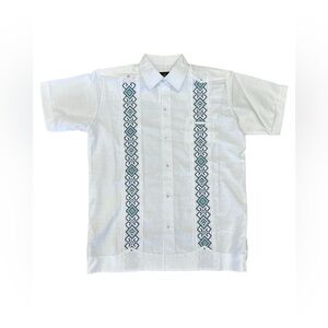 Men’s Linen White Guayabera with Teal Embroidery Short Sleeve